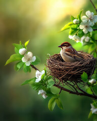 Fototapeta premium A charming scene of a bird resting in its nest, surrounded by blooming flowers and lush green leaves, captures the essence of spring and the beauty of nature.
