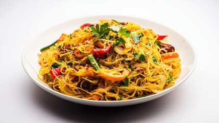 Delicious vegetable noodles in a white bowl.