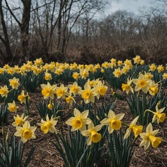 Fototapeta premium Yellow daffodils swaying in a breeze.