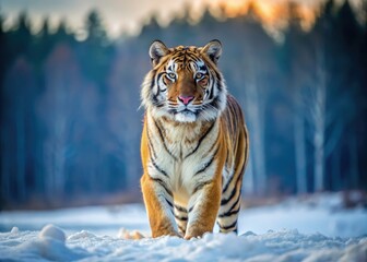 Obraz premium A lone saber-toothed tiger, a ghost of winter, stalks a snow-covered landscape.