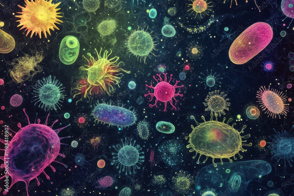 Aufkleber colorful array of bacteria and microbes floating in a dark background displaying diverse shapes and 
