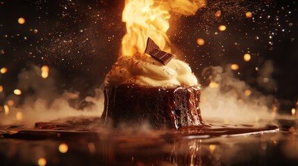 Flaming chocolate dessert with whipped cream.