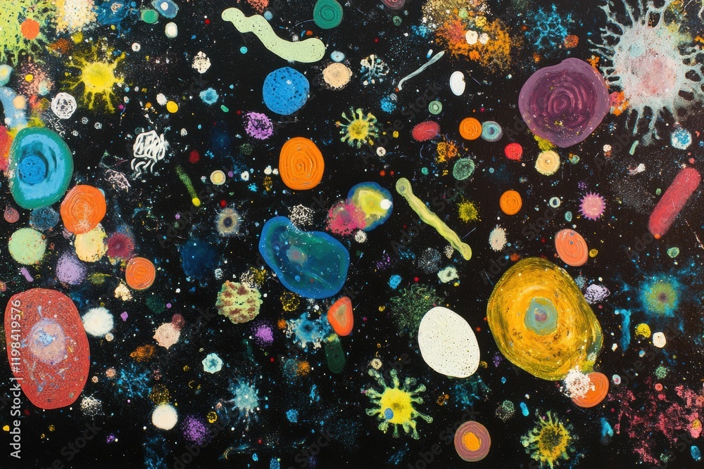 Poster array of colorful bacteria and microbes in a vibrant cosmic display on a dark background. generative