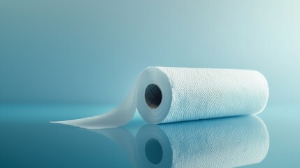 A roll of white paper towels on a blue reflective surface.