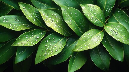 Obraz premium Lush green leaves with water droplets showcasing nature's beauty in a serene, fresh environment