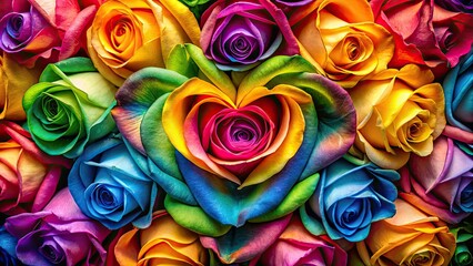 A vibrant rainbow rose heart, romantically arranged, captures love's colorful beauty in artistic floral photography.