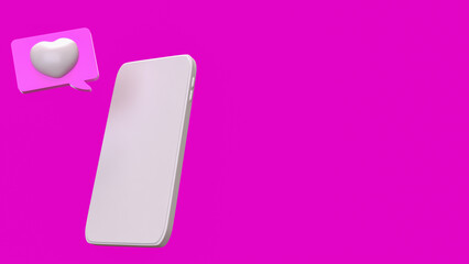White mobile and heart on pink background  3d Rendering.
