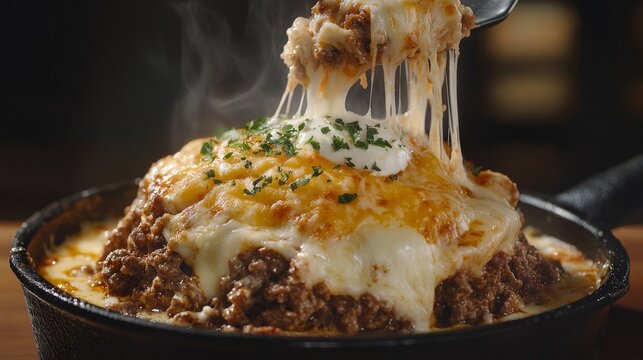 Indulgent cheesy breakfast menu items upscale restaurant delicious food cozy dining atmosphere close-up view culinary art