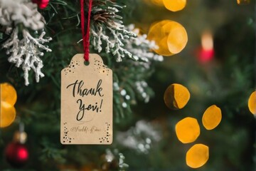 Closeup of Festively Decorated Christmas Tree with Thank You Tag, Warm and Inviting Atmosphere
