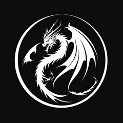 White dragon graphic inside a circle, on a black background for design purposes