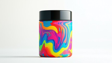 A colorful protein powder container with vibrant, multicolored designs, centered on a white backdrop.