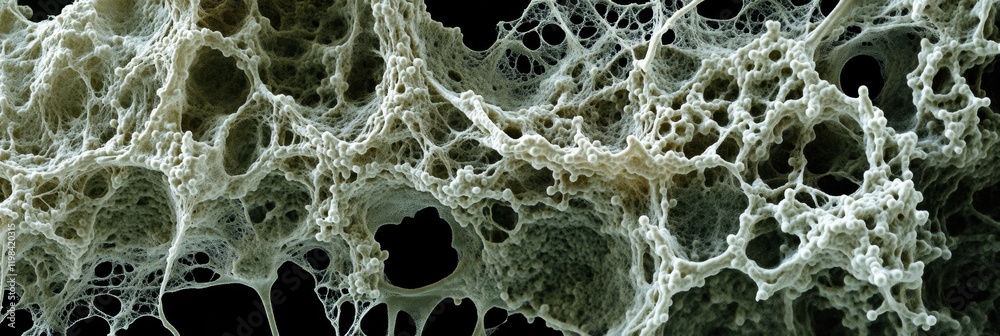 Poster Detailed view of a dense microbial layer showcasing unique structures and textures in a scientific setting. Generative AI