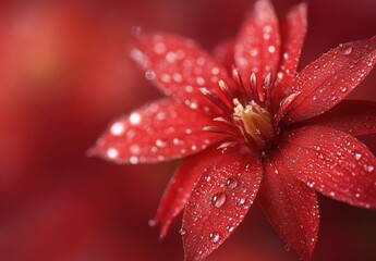 Close-up of a vibrant red flower with delicate petals glistening from water droplets, showcasing natural beauty and intricate details in soft focus background