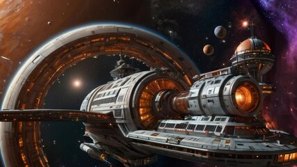 Futuristic space station in orbit around vibrant planet, exploring galaxys wonders. - Powered by Adobe