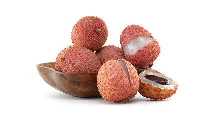 Fresh Litchi Fruits in Wooden Bowl Isolated on White Background
