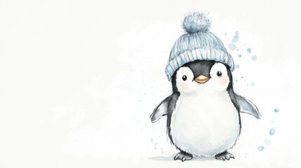 Fototapeta premium Cute penguin wearing a blue knitted hat.