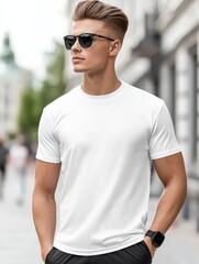 Fototapeta premium Man in white t-shirt and black pants standing against a neutral background