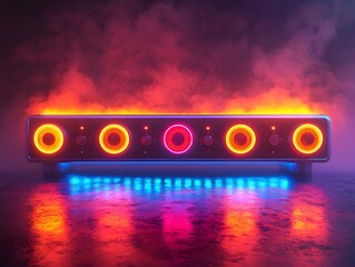 Retro style Neon Speaker Radiating Colorful Light Beams in Smoky Atmosphere