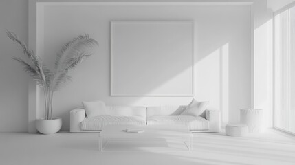 Fototapeta premium Serene Minimalist Living Room: White Interior Design with Sunlight