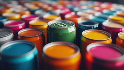 Colorful beverage cans arranged in a dynamic pattern, showcasing a vibrant collection of various drink options in a lively composition for design and marketing uses