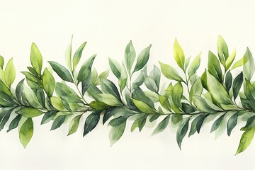 A watercolor illustration of green leaves arranged in a decorative pattern.