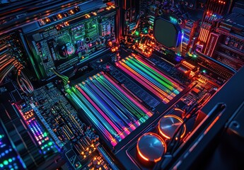 Fototapeta premium Vibrant Neon Glow of Computer Motherboard with Colorful LED Lights and Circuitry