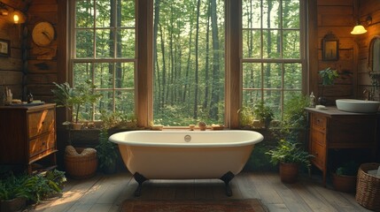 Fototapeta premium Serene bathroom interior with a vintage bathtub, surrounded by lush greenery and natural light