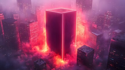Massive Glowing Neon Speaker Towering in Urban Cityscape with Pulsating Lights