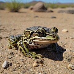 Obraz premium Surviving the Desert: Chimerical Leopard Frog Resting by a Desert Waterhole