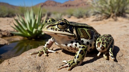 Fototapeta premium Desert Refuge: Chimerical Leopard Frog on Sandy Shore by Water in Arid Landscape
