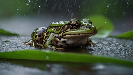Obraz premium Rain-Kissed Frog: Chimerical Leopard Frog Perched on Leaf in a Lush, Wet Forest