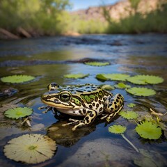 Obraz premium Life Cycle in Motion: Chimerical Leopard Frogs from Tadpoles to Adults in River Habitat