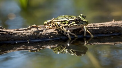 Nature&rsquo;s Calm: Chimerical Leopard Frog on Branch, Surrounded by Pond and Sunlight
