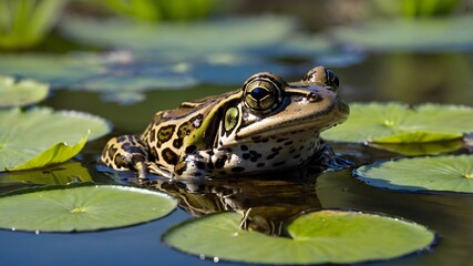 Obraz premium Peaceful Waters: Chimerical Leopard Frog Amidst Lily Pads and Wildflowers