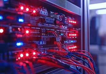 Close-Up View of Network Server with Colorful LED Lights and Connected Cables in Data Center