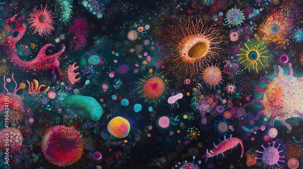 Poster Diverse array of colorful bacteria and microbes in a vibrant microscopic landscape exploring their intricate forms and interactions. Generative AI