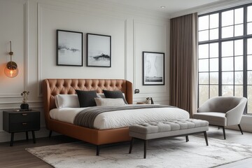 Beige leather bed with elegant headboard, gray bench and armchair, vintage floor lamps, and stylish accent furniture in a modern bedroom with white walls and black-framed art.