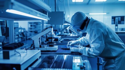 A manufacturing process engineer optimizing production line throughput in a semiconductor fabrication plant, with cleanroom equipment and semiconductor wafers visible