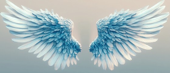 Beautiful white and blue angel wings isolated on a transparent background, cutout with a clipping path for graphic design elements