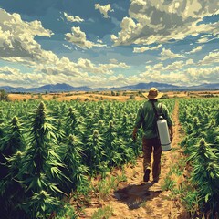 Fototapeta premium A farmer carries a spray tank on a marijuana field, with a view of a beautiful clear sky