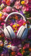 Serene Soundscape White Headphones Nestled in a Vibrant Floral Arrangement