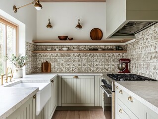 Fototapeta premium Elegant Farmhouse Kitchen With White Cabinets And Tile Backsplash