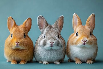 Fototapeta premium Three cute rabbits in a row showcasing their distinct fur colors.