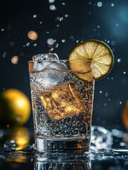 Refreshing Citrus Beverage with Ice and Bubbles in a Glass Surrounded by Glimmering Water Droplets and a Lime Wedge