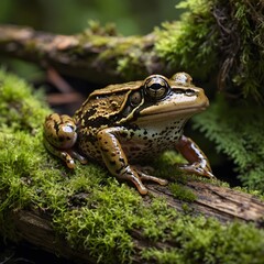 Obraz premium Sunlit Serenity: Common Frog on Mossy Log in Forest Peace