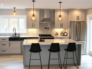 Modern Kitchen Island with Gray Cabinets and Pendant Lights