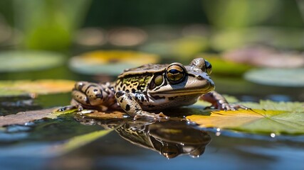 Obraz premium Twilight Peace: Common Frog Blending into Marsh Reeds with Sunset Reflection