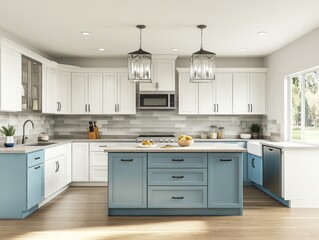 Fototapeta premium Modern Kitchen Design With White And Blue Cabinets