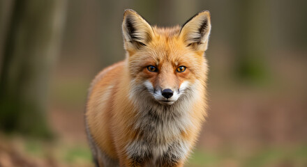 Fototapeta premium A red fox, scientifically known as Vulpes vulpes, is positioned in a woodland setting during the autumn season, captured in close proximity. The orange-furred creature gazes directly at the camera