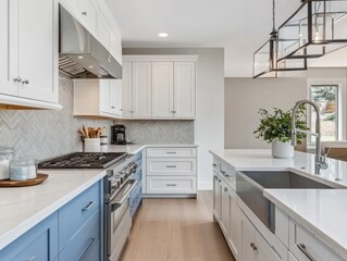 Fototapeta premium Modern Farmhouse Kitchen Design With Blue Accents